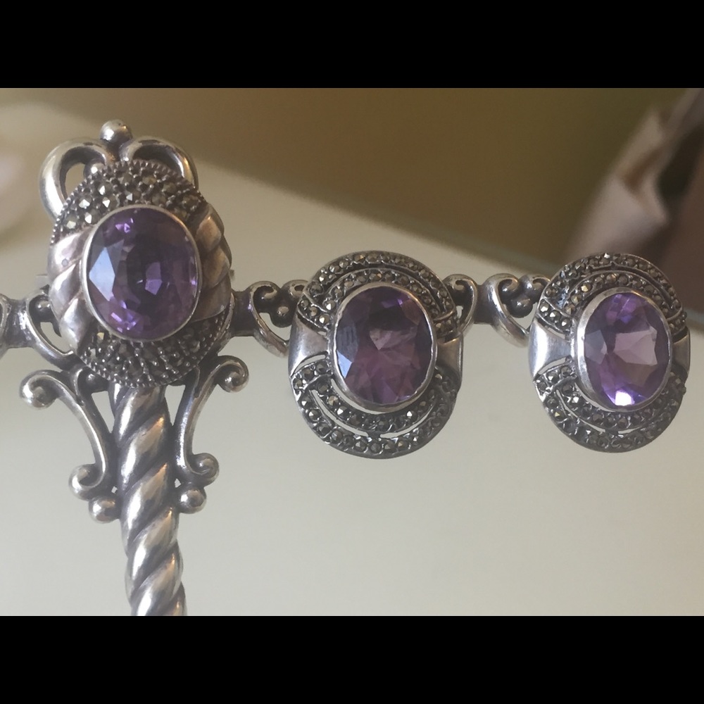Marcasite Sterling amethyst ring & earring set